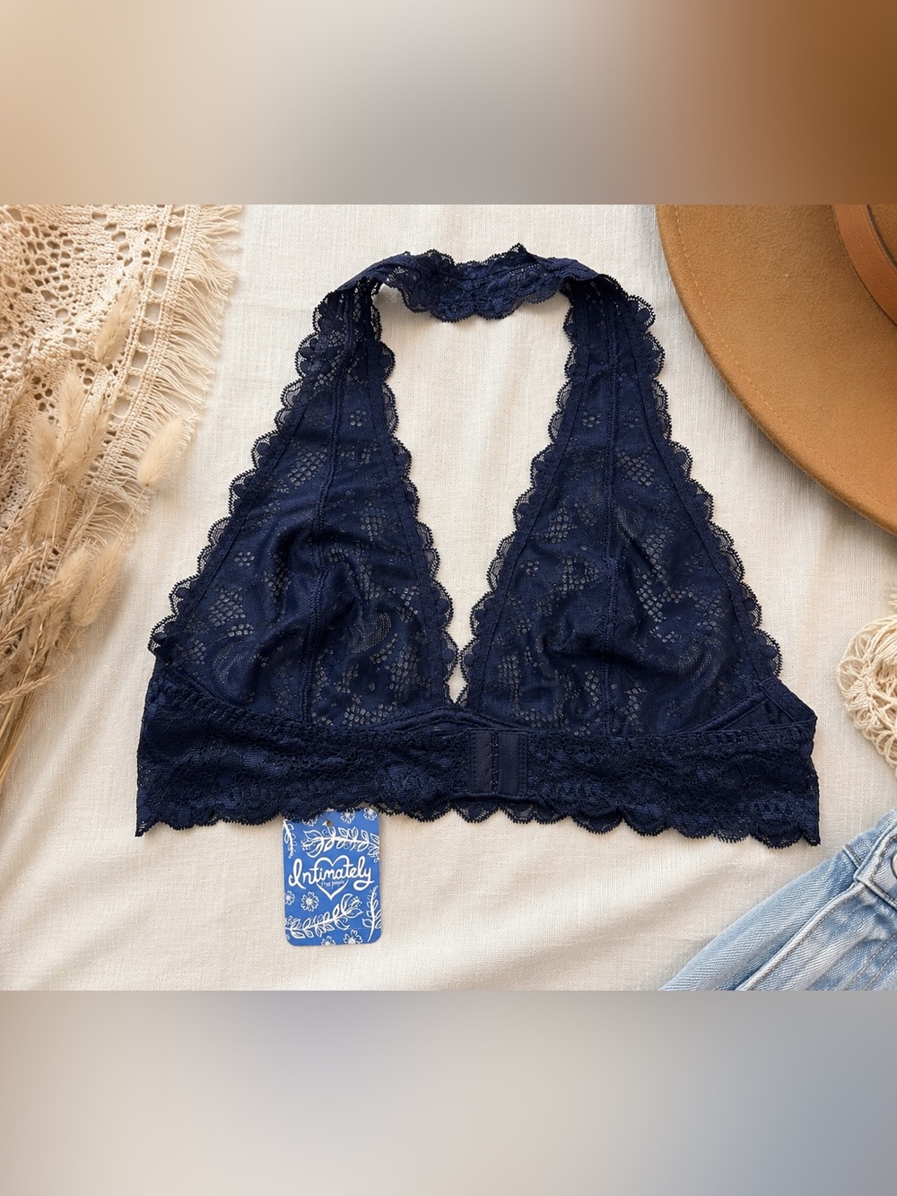 NWT Free People Intimately Dark Denim/Navy Lace Racerback Halter Bralette M Boho